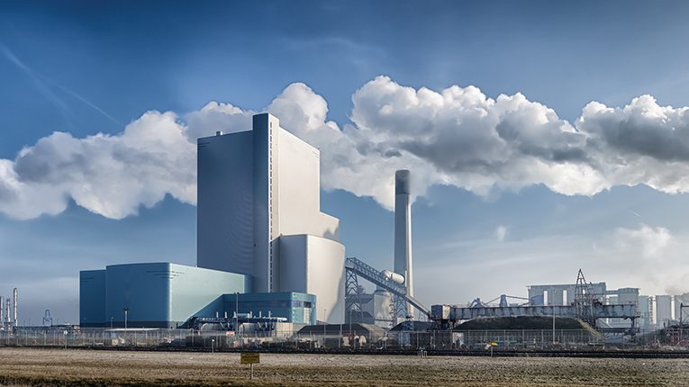 panorama of a coal fired power plant in the Rotterdam harbor area